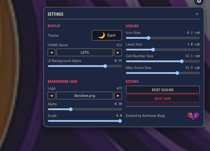 Settings screen of the Digital Baseball Scoreboard UI